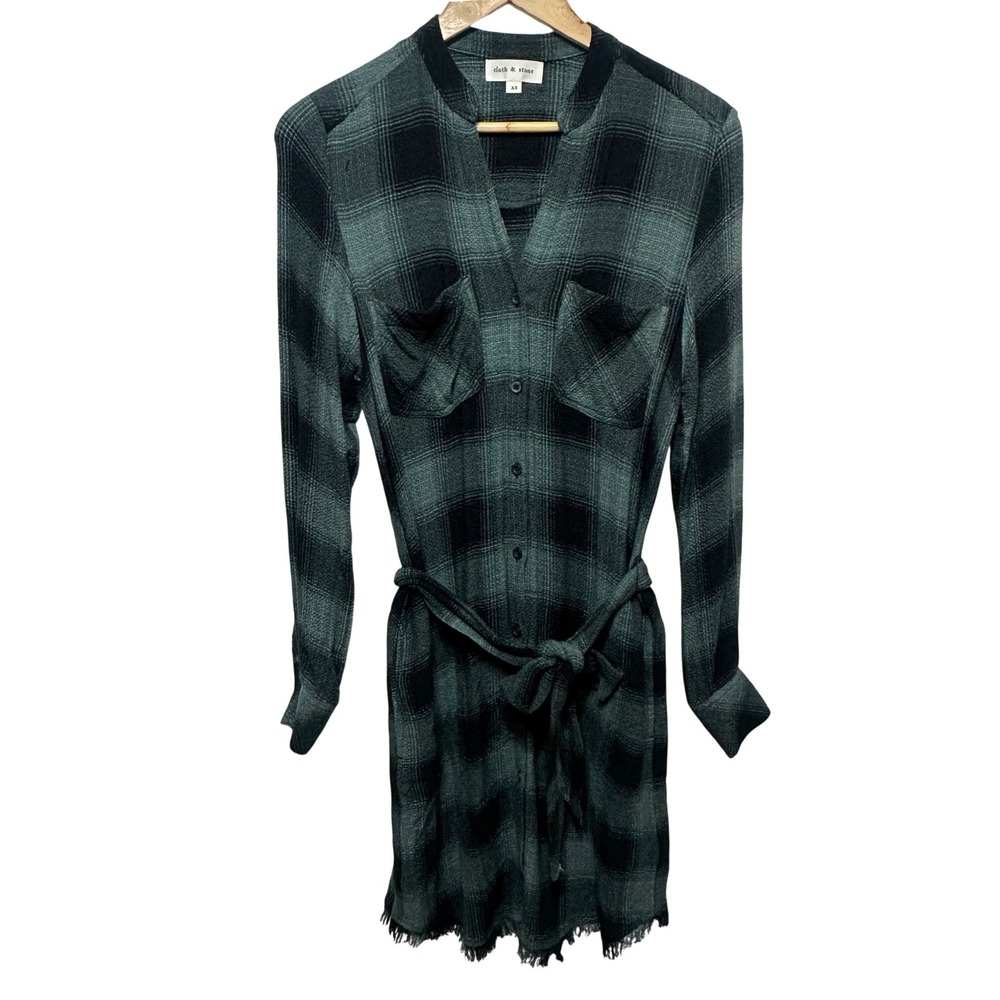 Cloth & Stone Plaid Shirt Dress Womens XS Green Tie Waist Frayed Hem 90s Grunge
